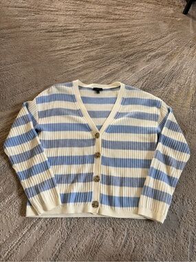 Talbots striped Sweater  cardigan Cream & Light Blue nautical button front small